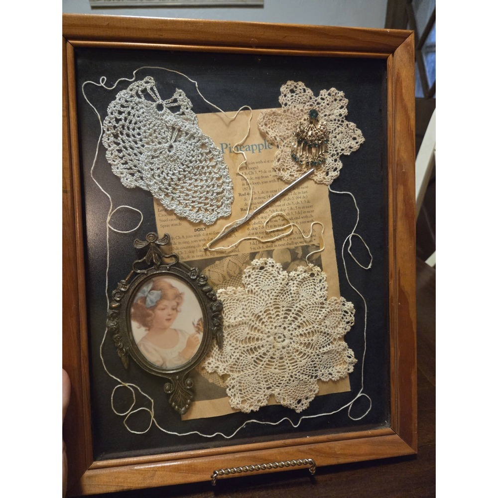 framed assemblage art piece, Shadow Box, Crochet, Brooch, Dollies All Vintage